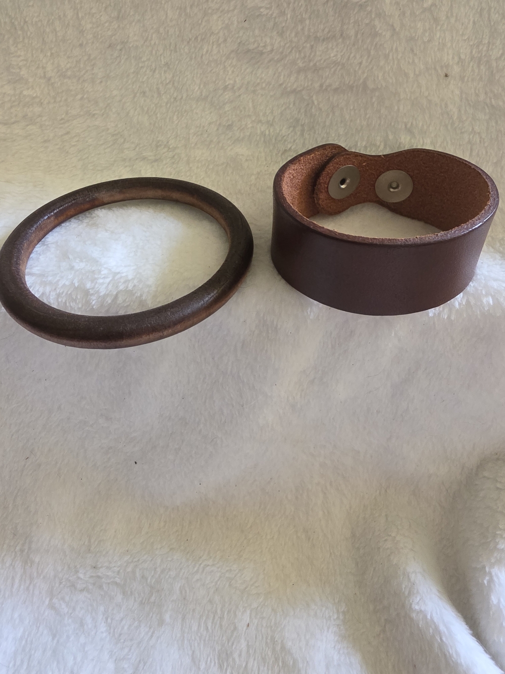 Brown Leather Snap Cuff Bracelet and Wooden Bangle